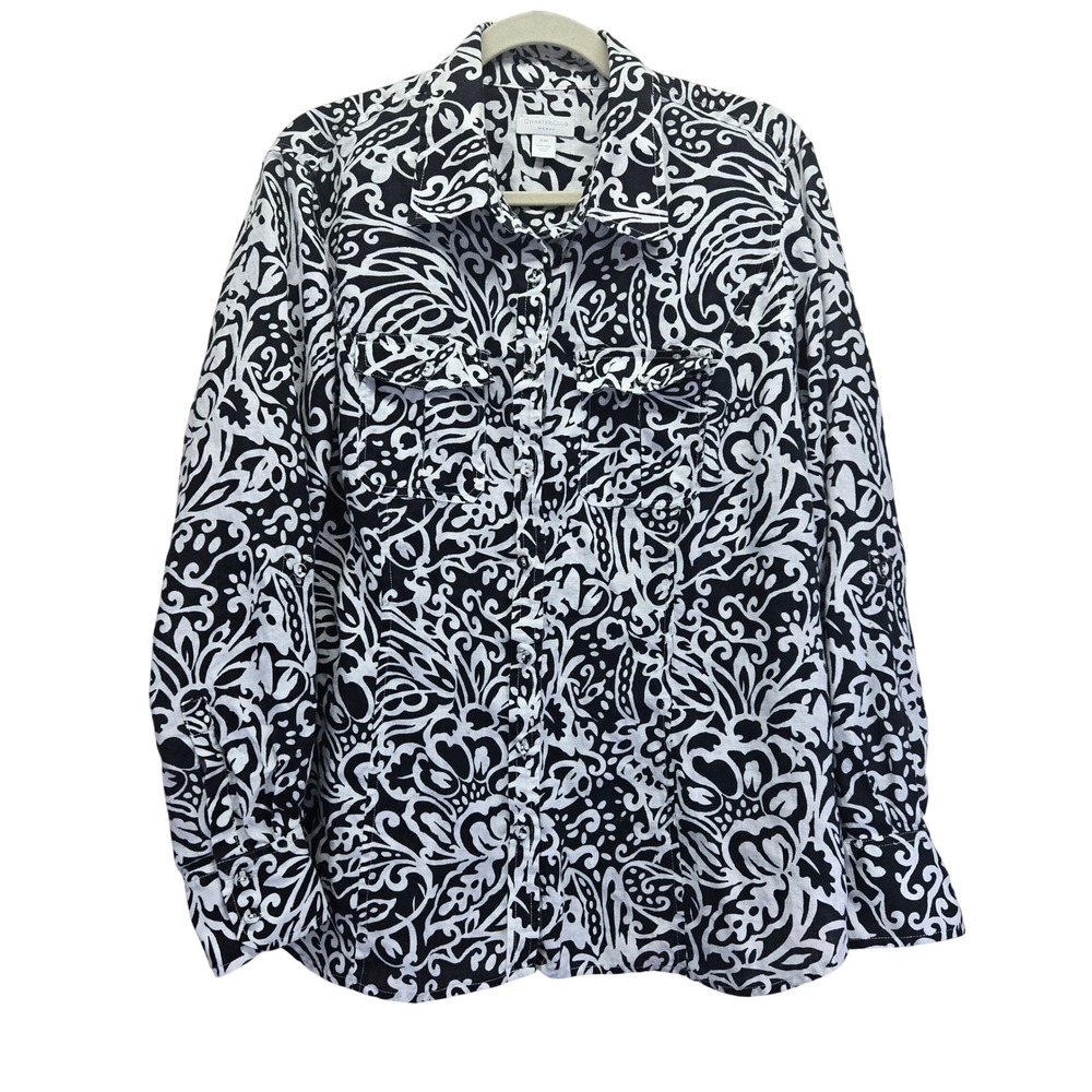 Charter Club Woman 100%‎ Linen Shirt 16W Black White Paisley Button Down Resort